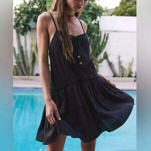 Free People Beach Noelle Black Tiered Mini Dress Boho Swim Cover Summer Resort